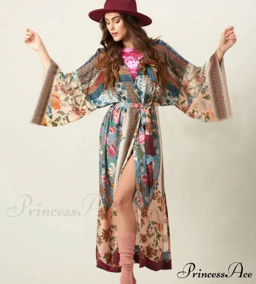 Cotton Kimono Flower Printed Bohemian Beach Cover Up