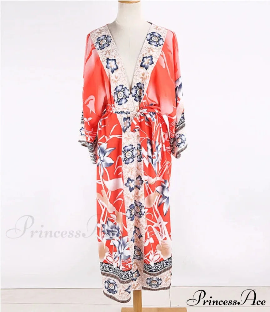 Cotton Kimono Flower Printed Bohemian Beach Cover Up