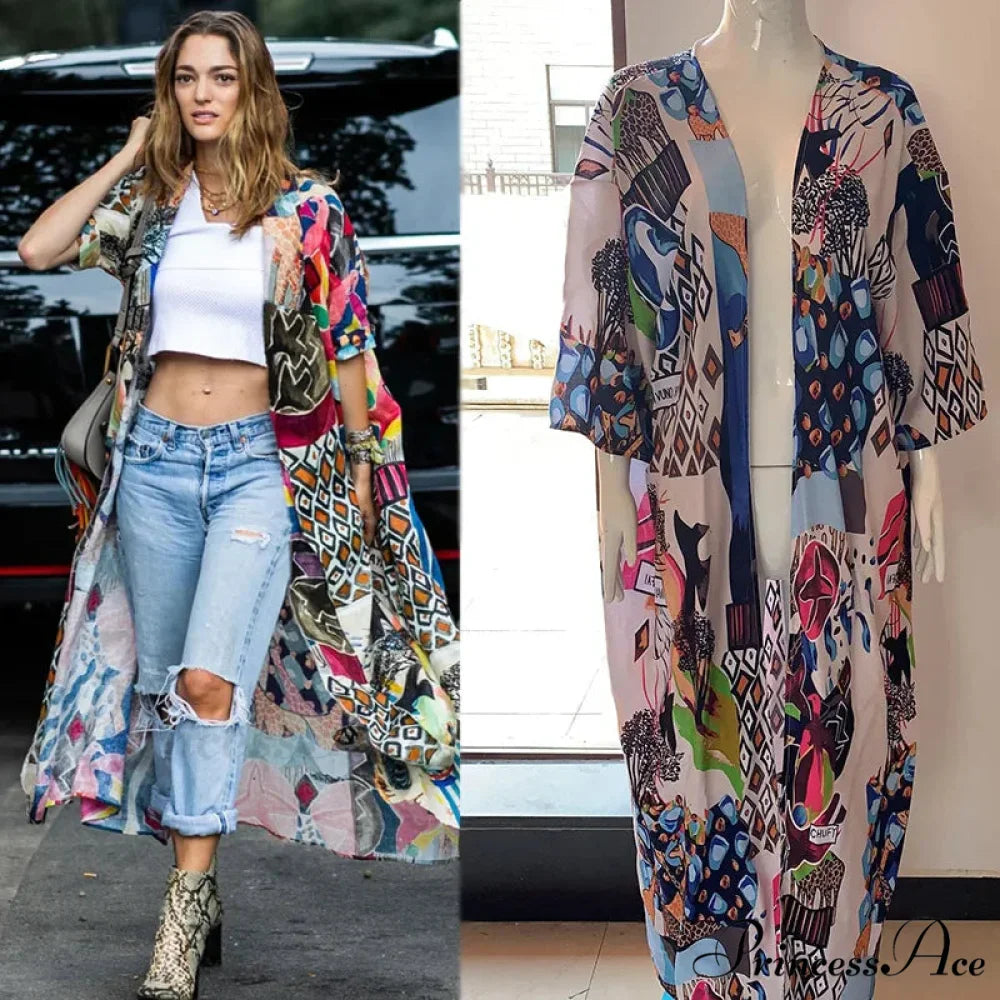 Cotton Kimono Flower Printed Bohemian Beach Cover Up