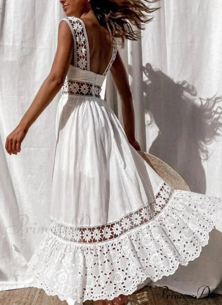 Cotton Sleeveless White Hollow Out Maxi Boho Sundress