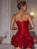 Crimson Fishbone Bandage 3D Blossom Mini Celebration Dress