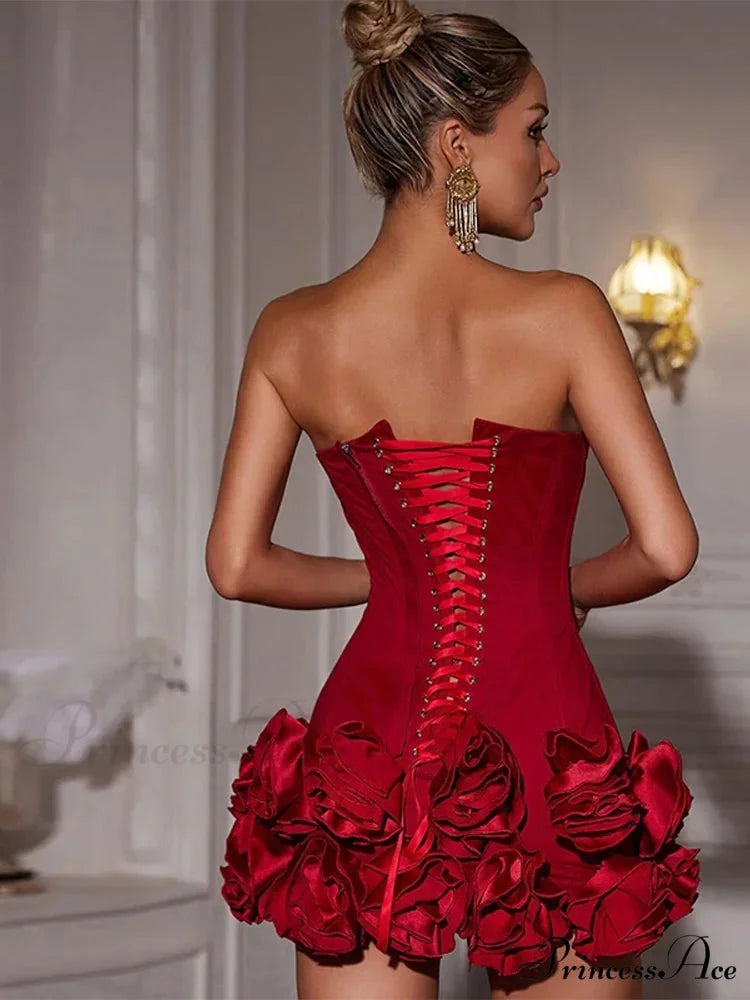 Crimson Fishbone Bandage 3D Blossom Mini Celebration Dress