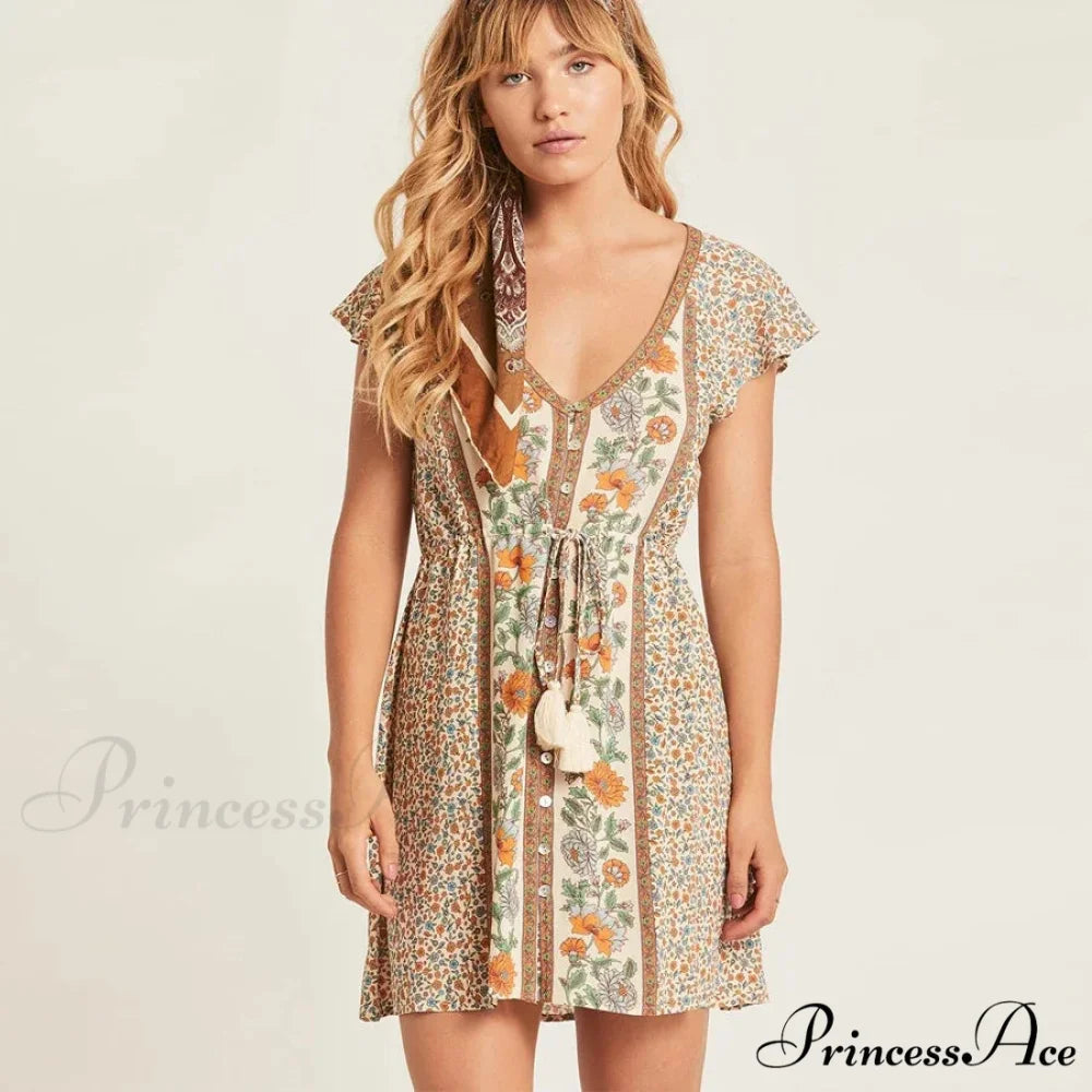 Crimson Flower Pattern Bohemian Short Dress