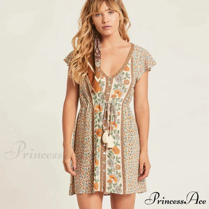 Crimson Flower Pattern Bohemian Short Dress