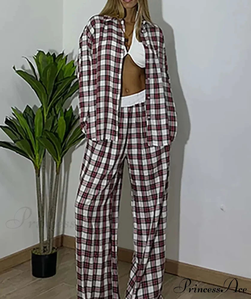 Crimson press-button blouse pants office set from Hicosy — view 2