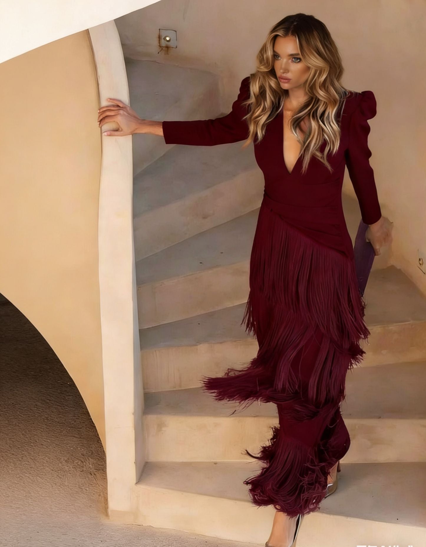 Tiered Fringe V Neck Midi Dress - Formal Evening Gown