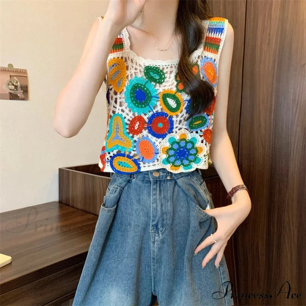 Crochet Variegated Stitched Floral Crop Top