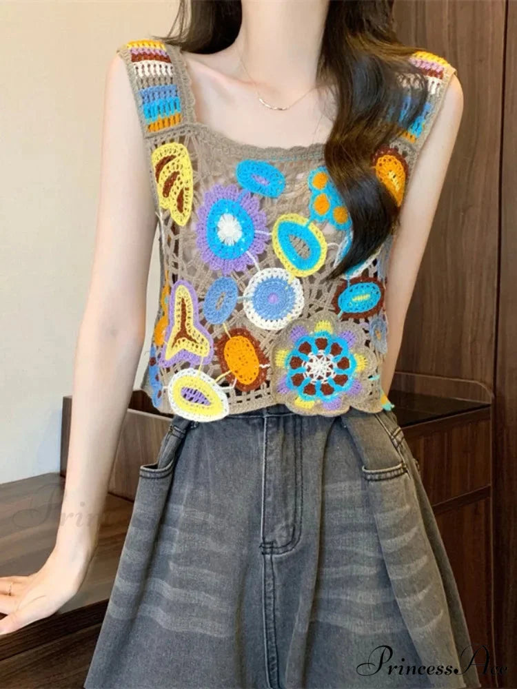 Crochet Variegated Stitched Floral Crop Top