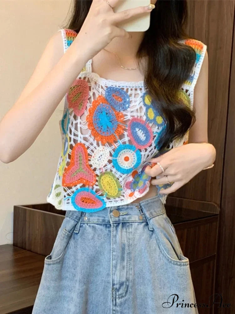 Crochet Variegated Stitched Floral Crop Top
