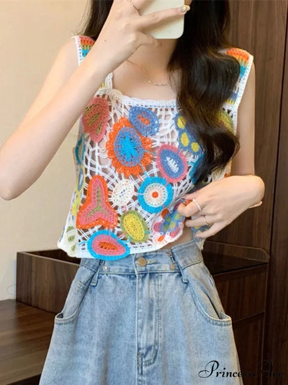 Crochet Variegated Stitched Floral Crop Top