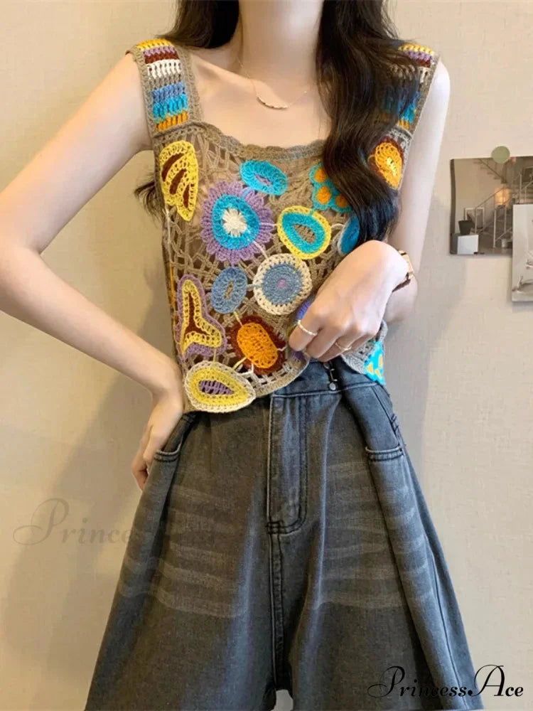 Crochet Variegated Stitched Floral Crop Top