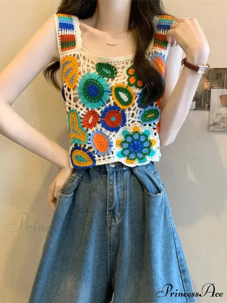 Crochet Variegated Stitched Floral Crop Top