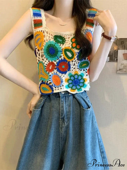 Crochet Variegated Stitched Floral Crop Top