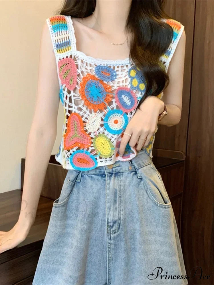 Crochet Variegated Stitched Floral Crop Top