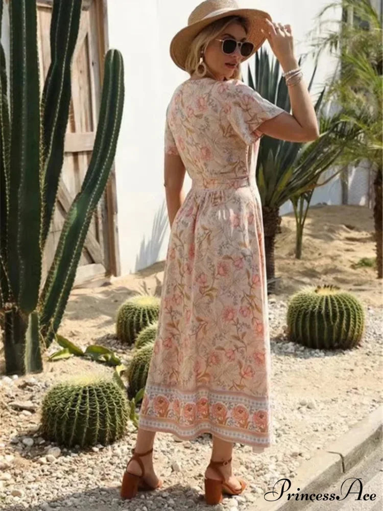 Cross Plunging Neckline Frills Bohemian Flared Dress