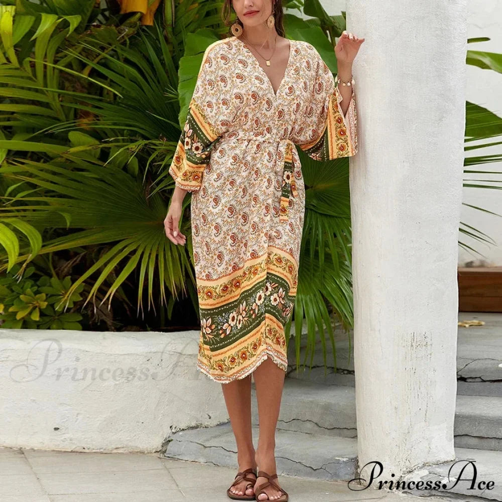 Cultural Flowery Baggy Rayon Kaftan Bohemian Cover up