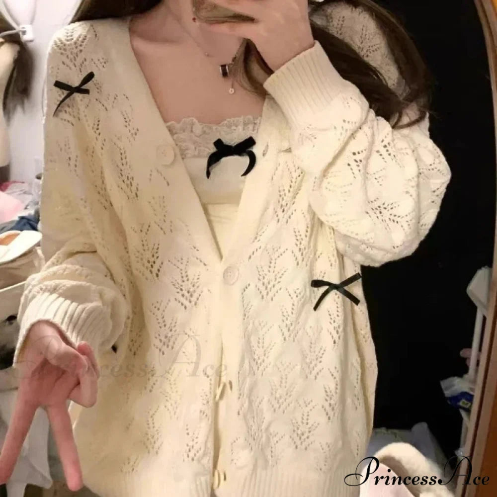 Cute Bow Hollow Out Solid Knit Cardigan