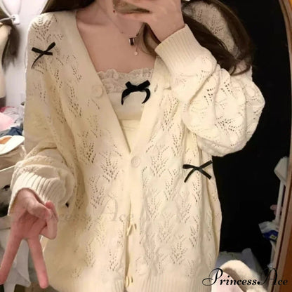 Cute Bow Hollow Out Solid Knit Cardigan