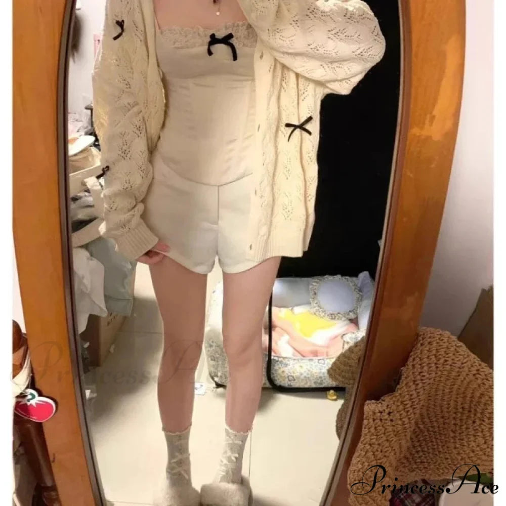 Cute Bow Hollow Out Solid Knit Cardigan