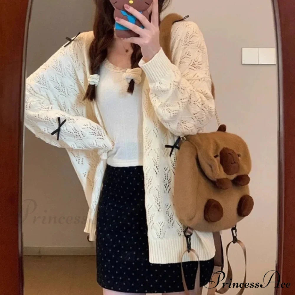 Cute Bow Hollow Out Solid Knit Cardigan