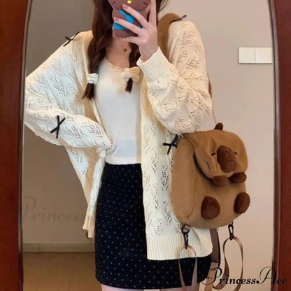 Cute Bow Hollow Out Solid Knit Cardigan