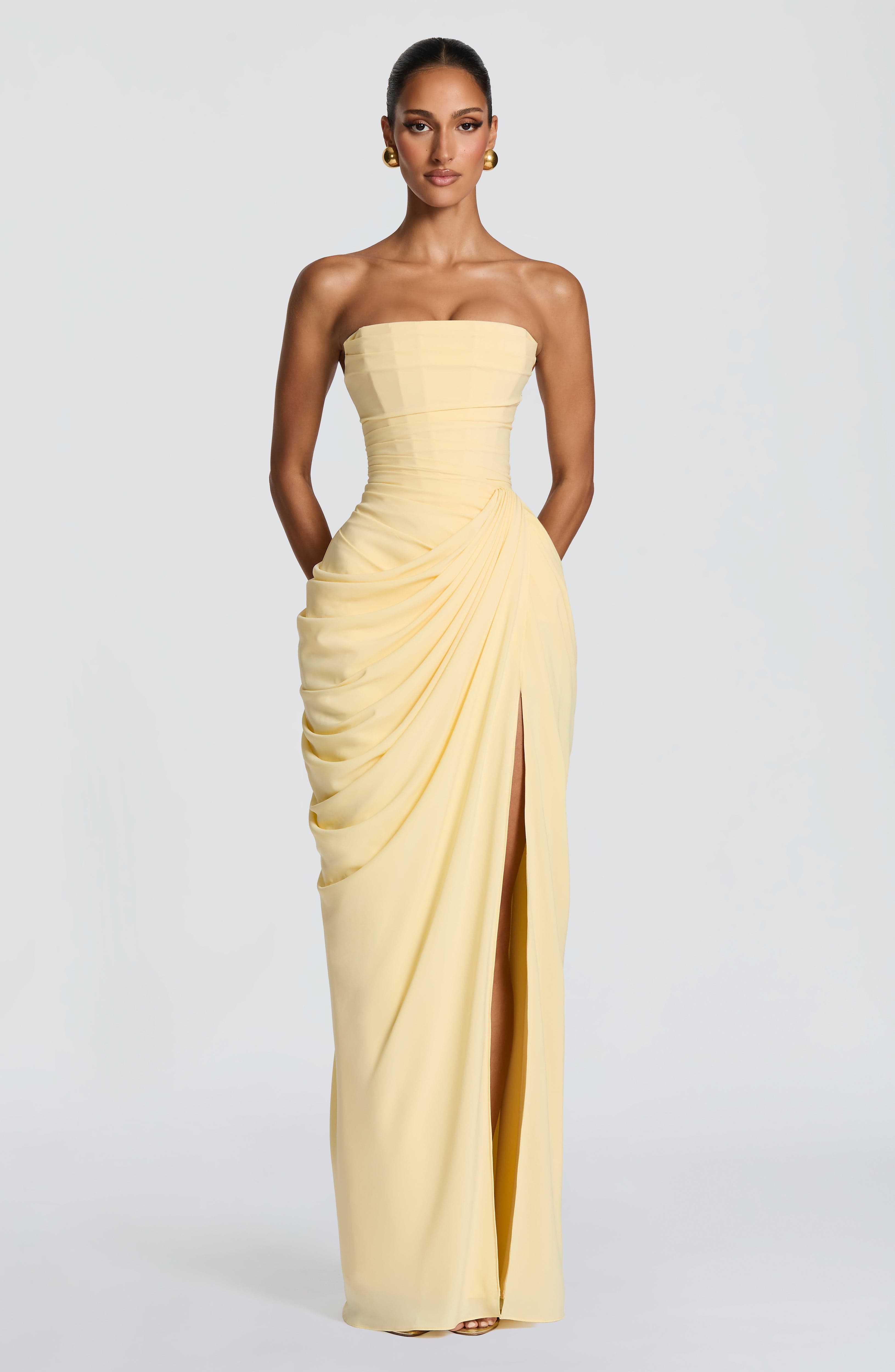 Draped Strapless Thigh Slit Homecoming Dress