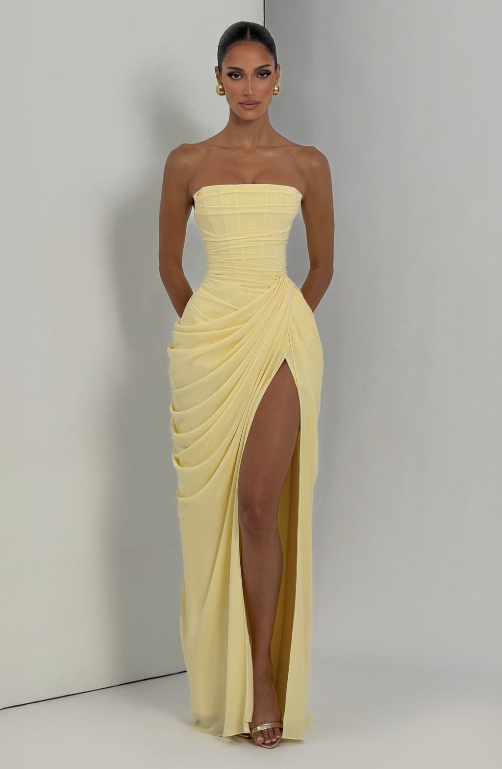 Draped Strapless Thigh Slit Homecoming Dress