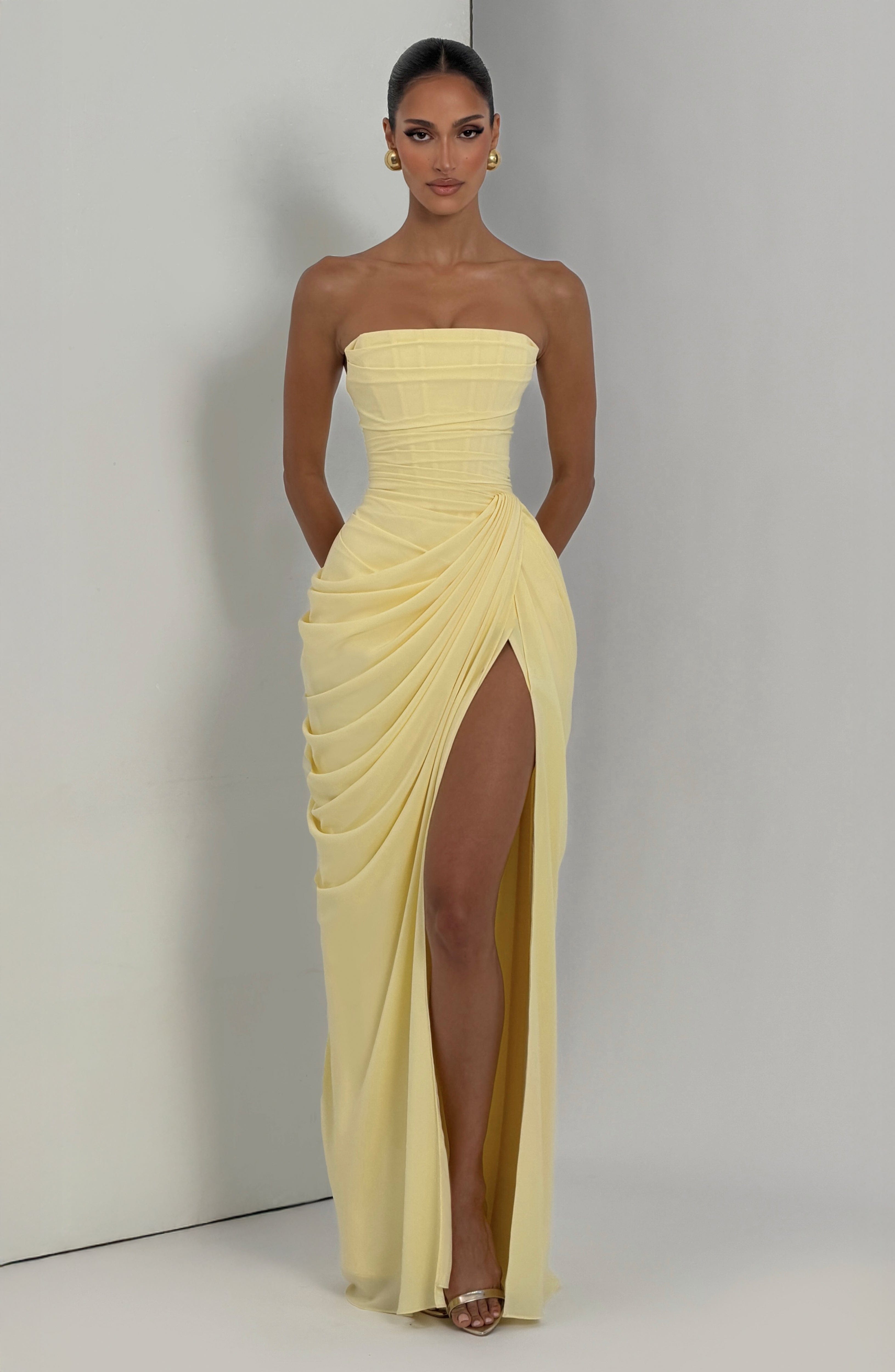 Draped Strapless Thigh Slit Homecoming Dress