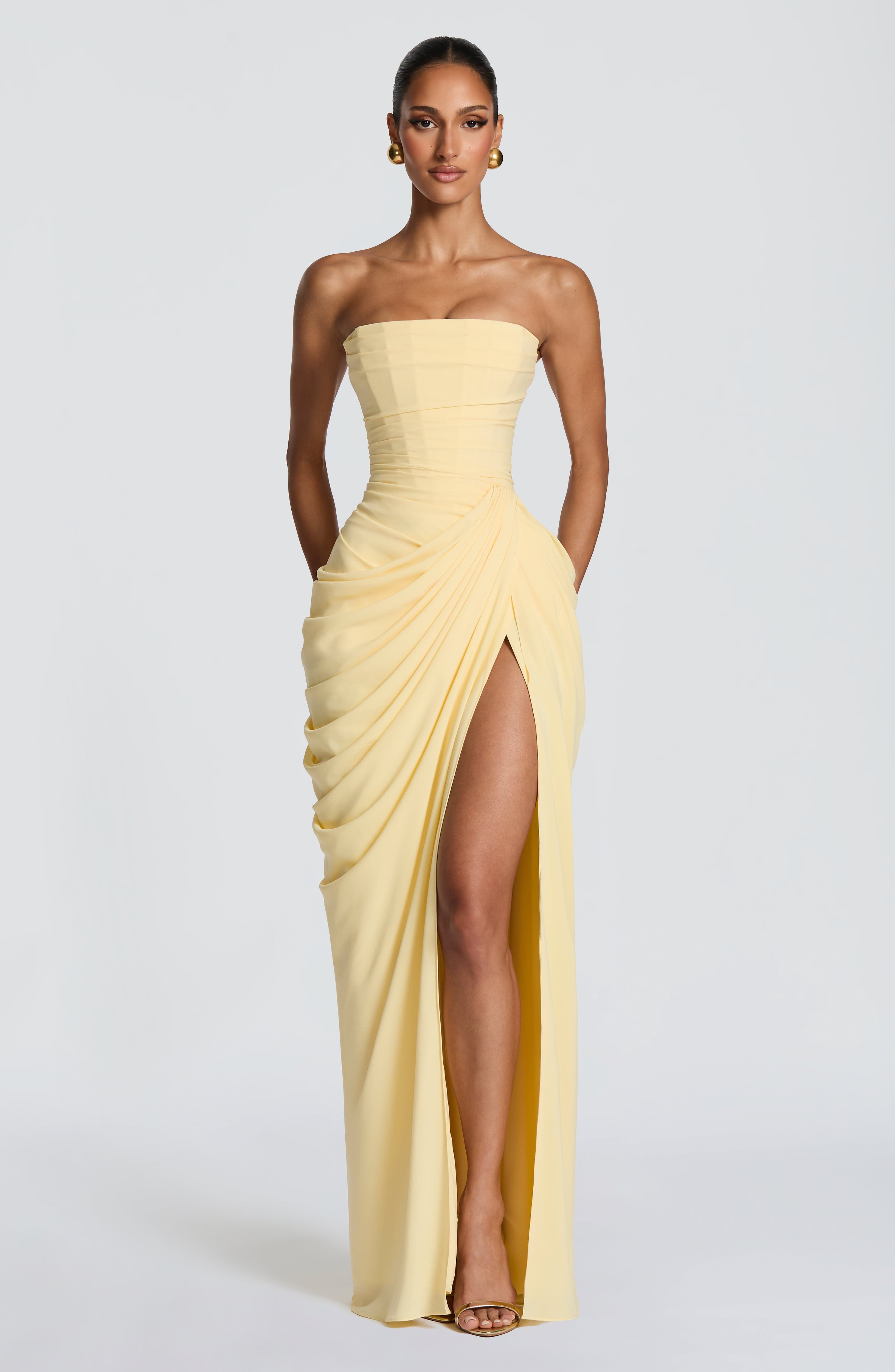 Draped Strapless Thigh Slit Homecoming Dress
