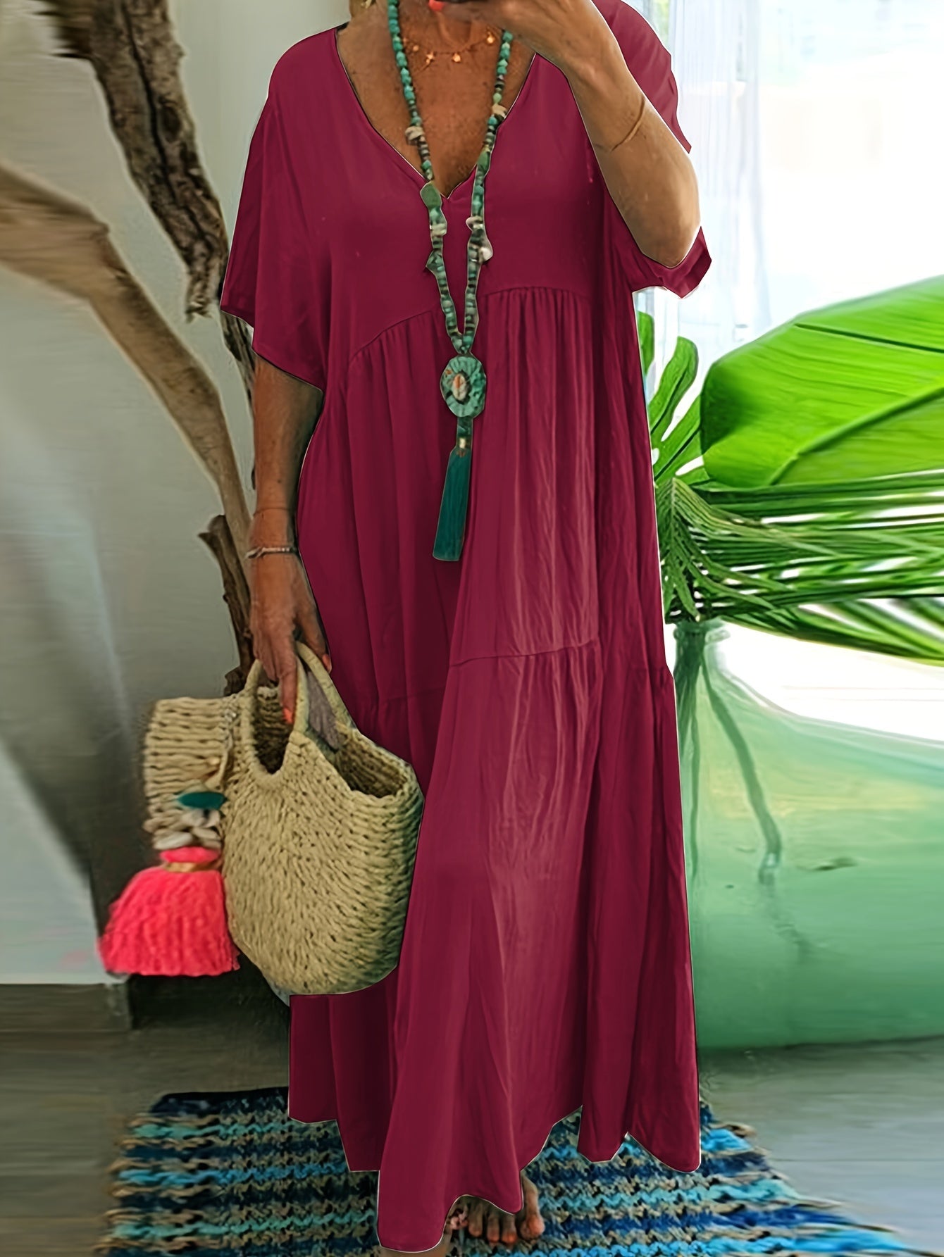 Flowy V Neck Tiered Cotton Maxi Dress for Plus Size