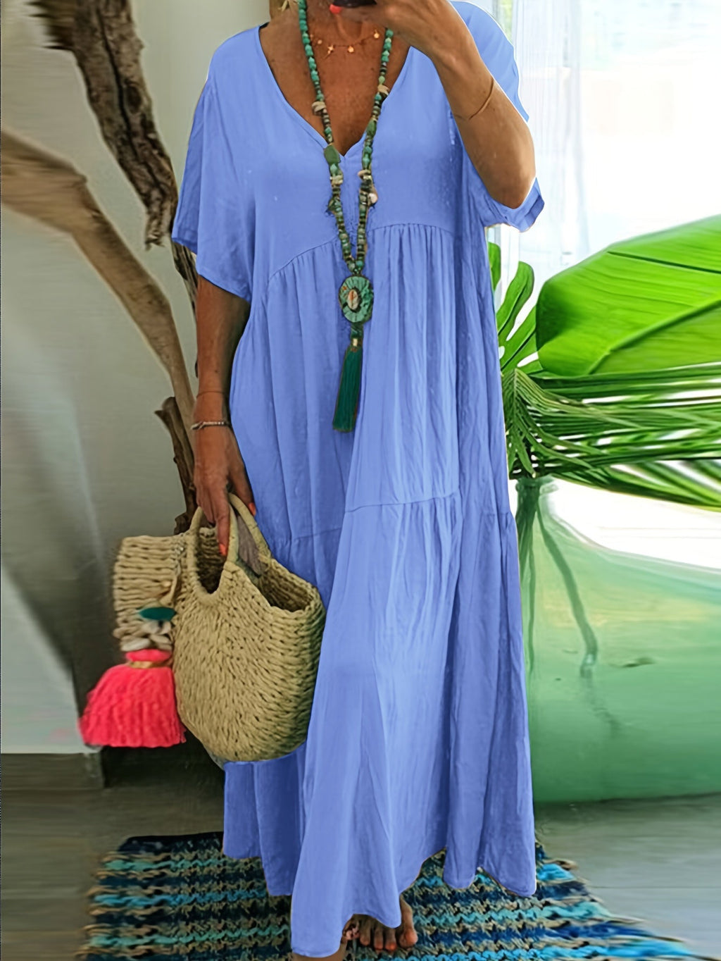 Flowy V Neck Tiered Cotton Maxi Dress for Plus Size