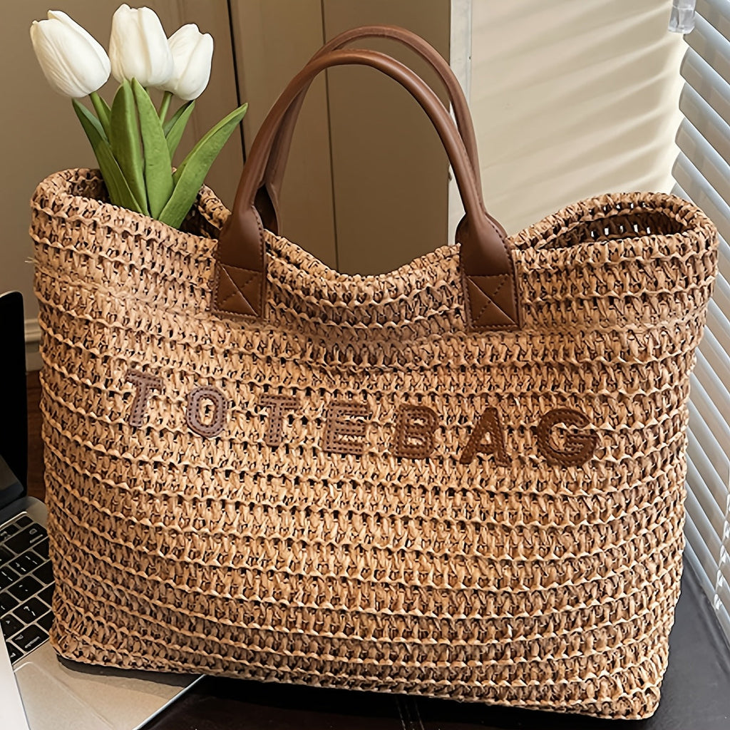 Large Woven Tote Bag with Leather Handles