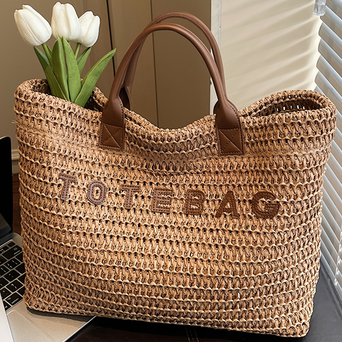 Large Woven Tote Bag with Leather Handles
