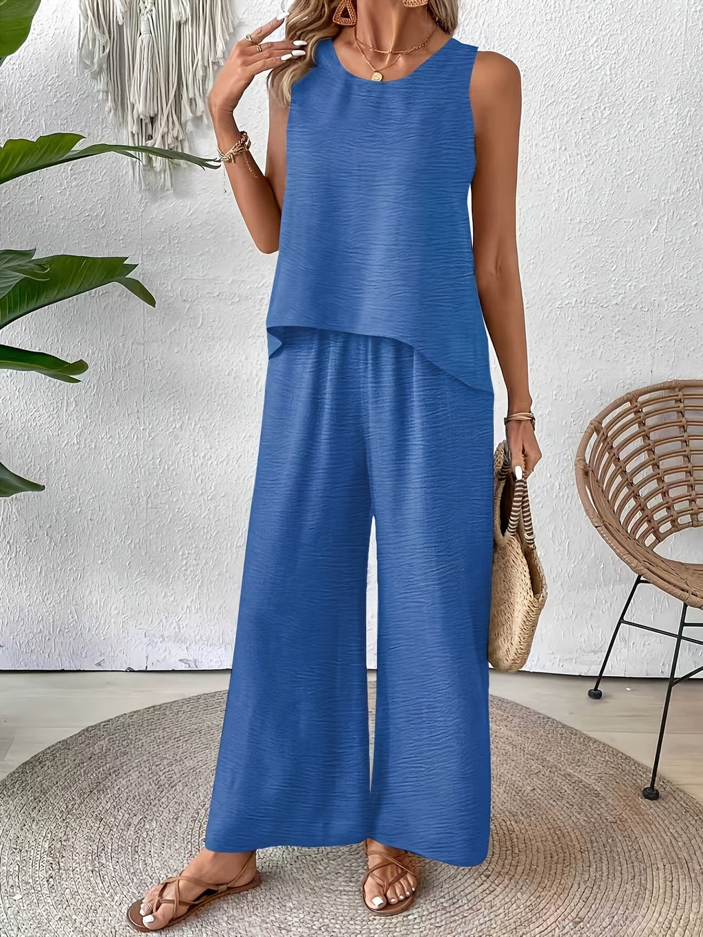 Crochet Back Sleeveless Top and Wide Leg Pants Summer Set