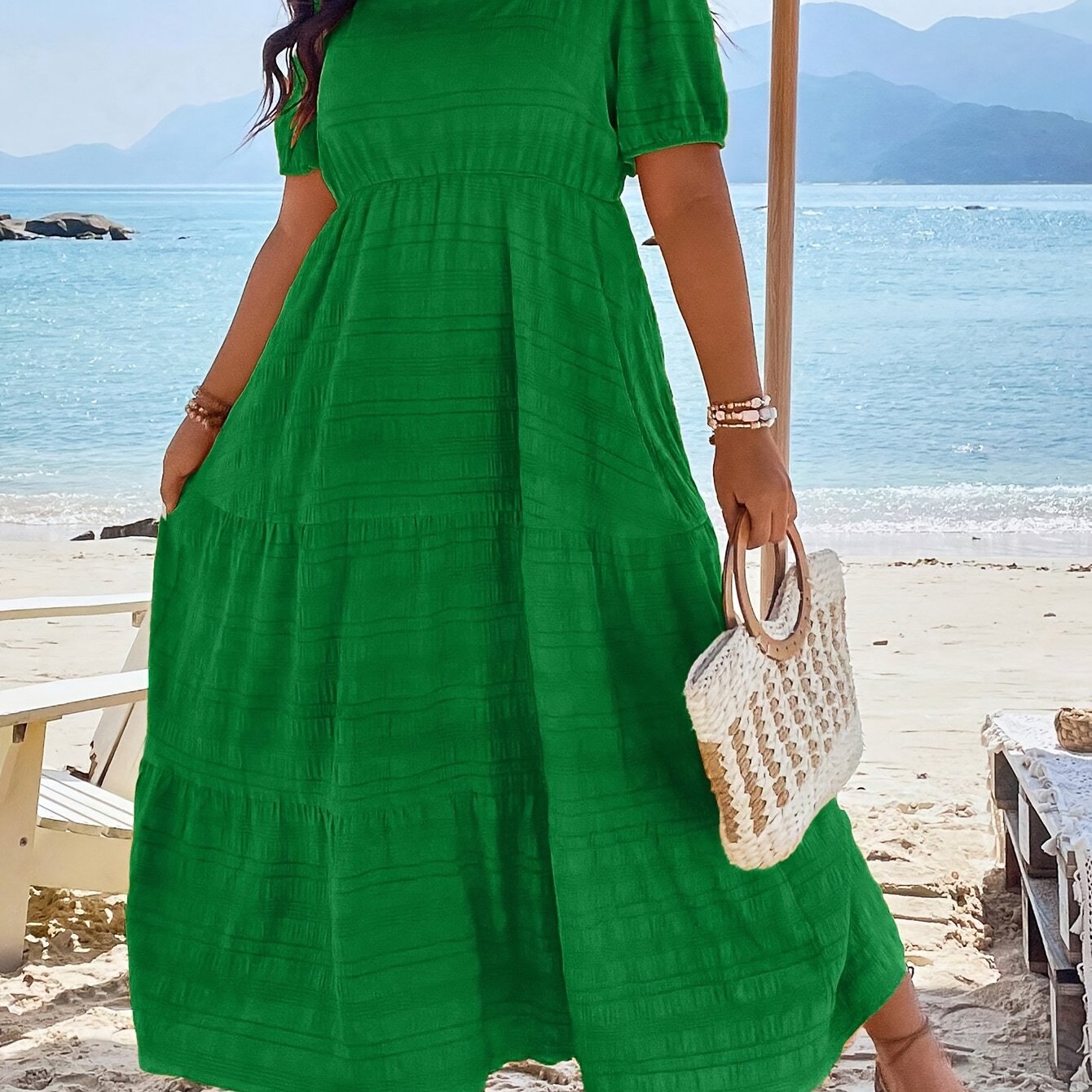 Plus Size Square Neck Puff Sleeve Maxi Dress