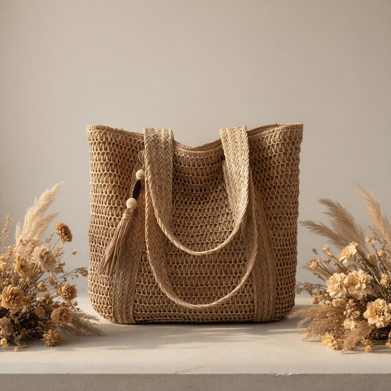 Woven Straw Tote Bag with Fringe Tassel Detail