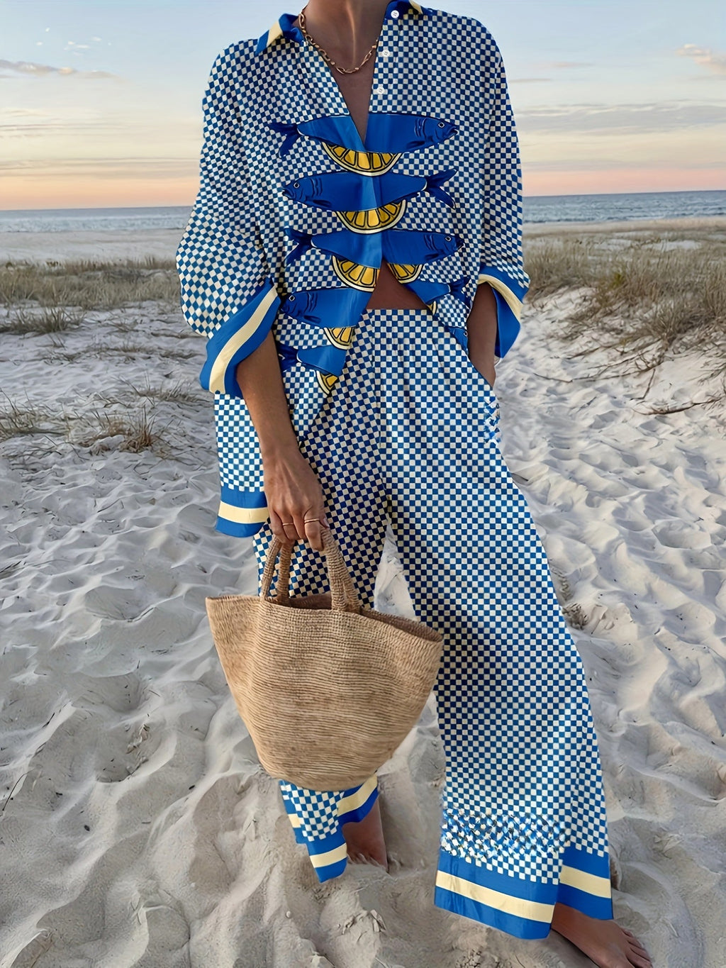 Checkered Print Two Piece Set for Beach Vacation
