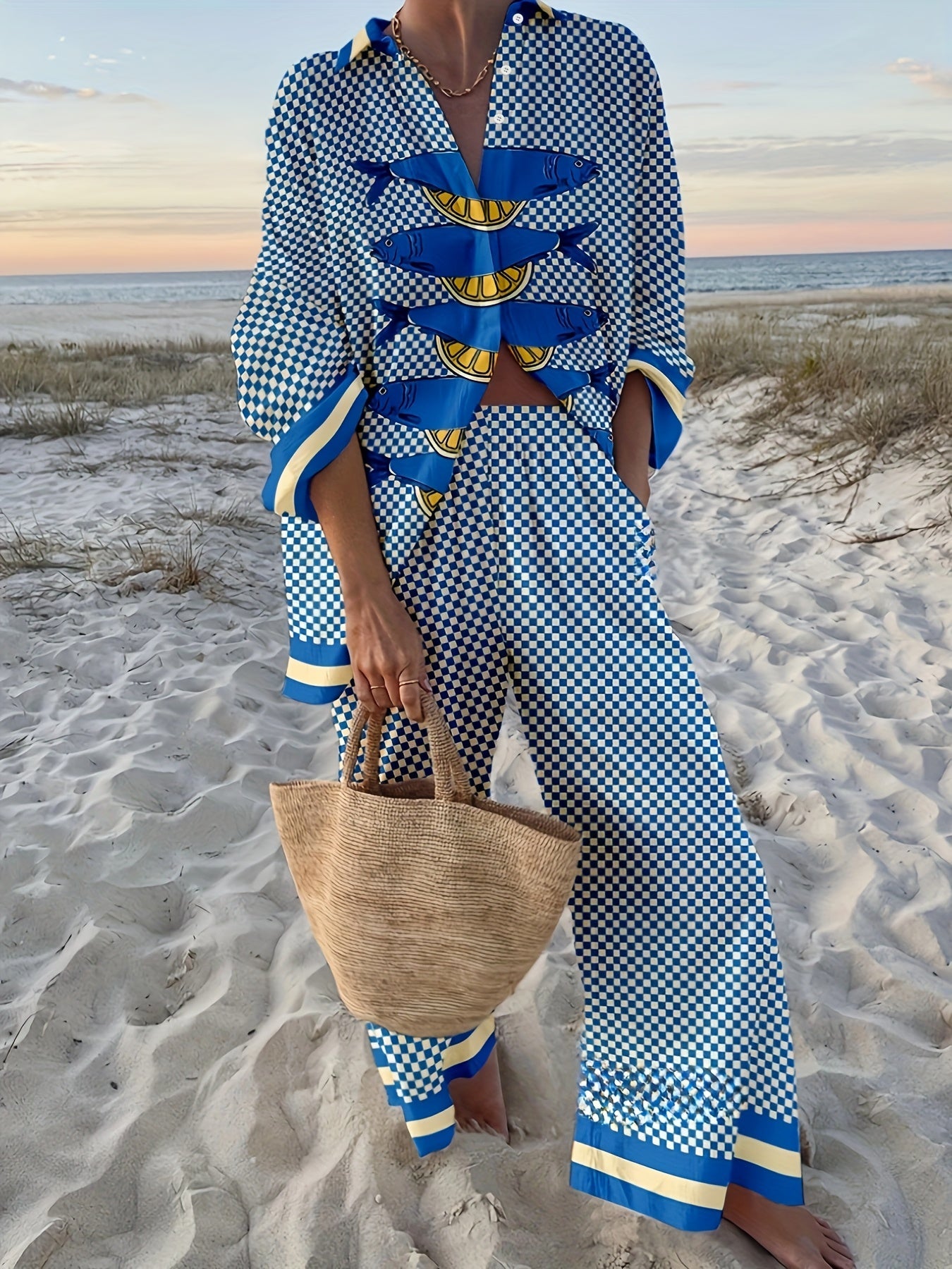 Checkered Print Two Piece Set for Beach Vacation