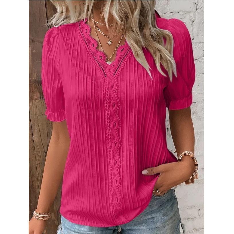 Strong Attractive Plunge Neck Join Short Sleeve Blouse