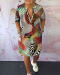 Abstract Wave Print V Neck Half Sleeve Casual Shirt Dress