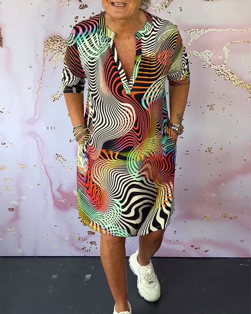 Abstract Wave Print V Neck Half Sleeve Casual Shirt Dress