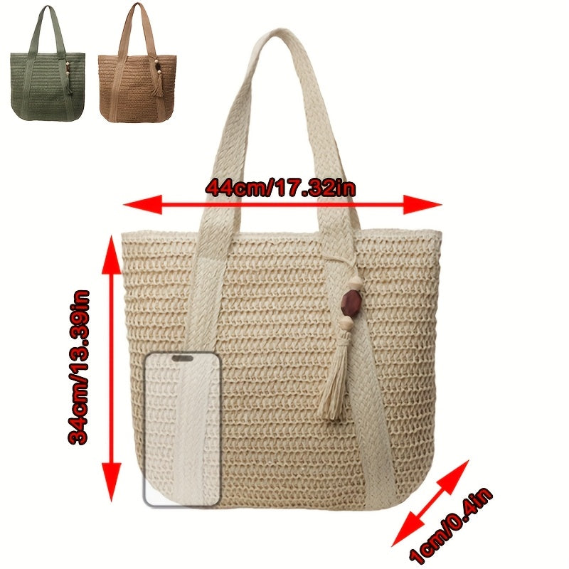 Woven Straw Tote Bag with Fringe Tassel Detail
