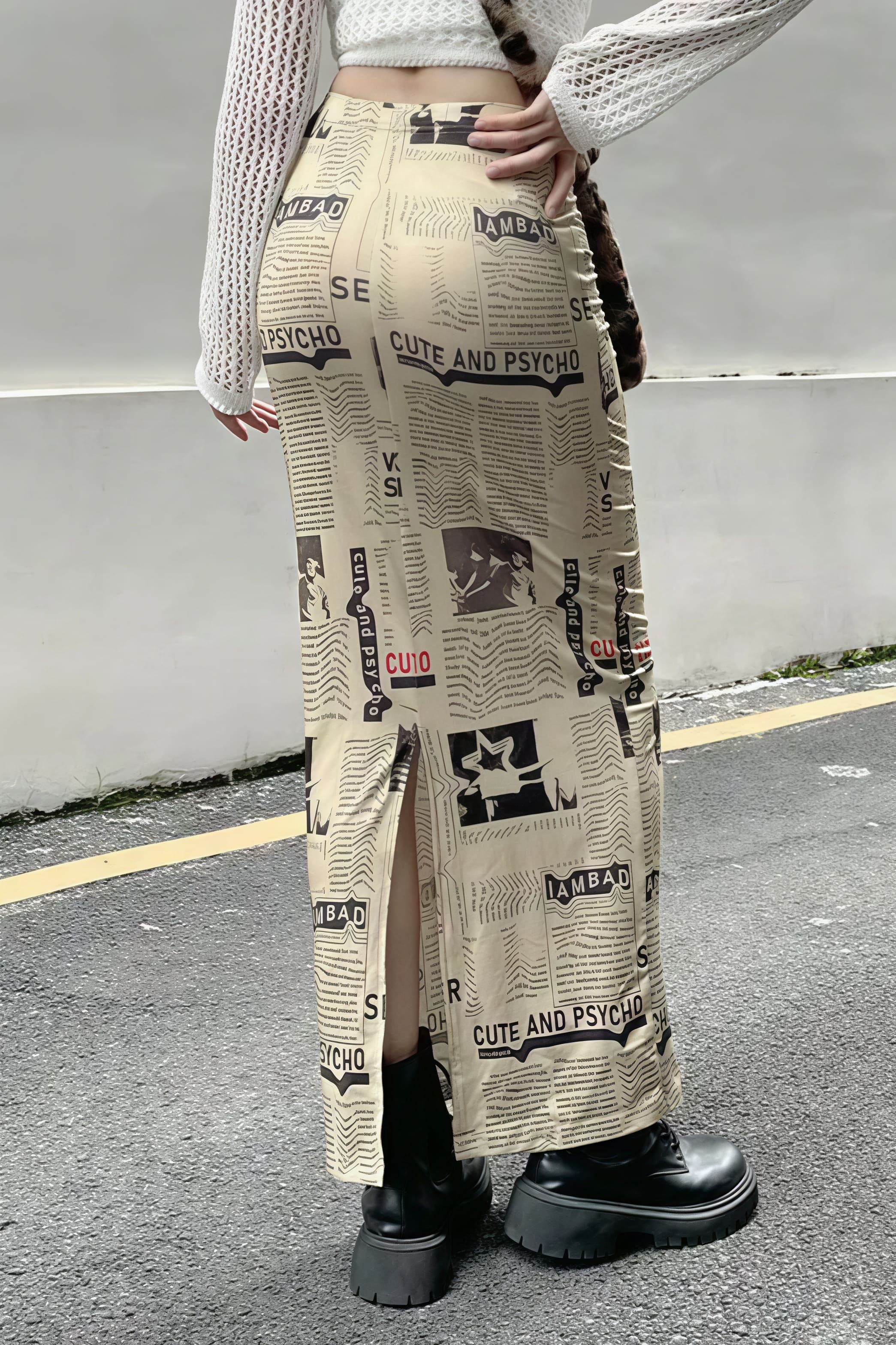 Y2K Vintage Newspaper Split Skirt
