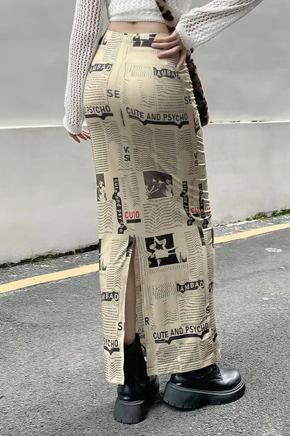Y2K Vintage Newspaper Split Skirt