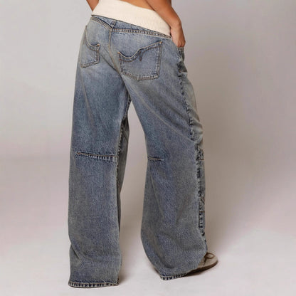 Washed Blue Vintage Denim Jeans for Women | Loose Fit Straight Leg