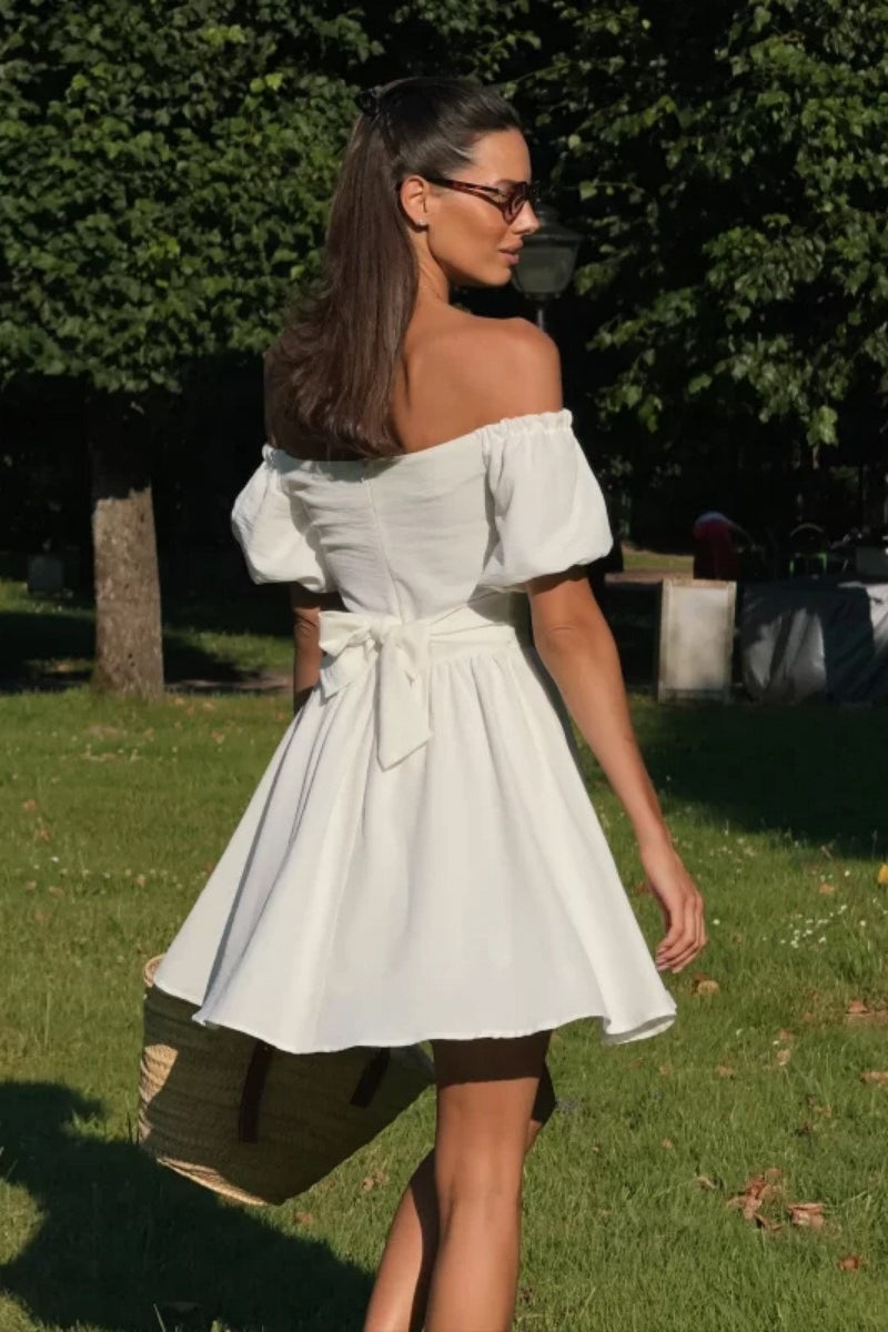 Off Shoulder Puff Sleeve Tie Mini Dress