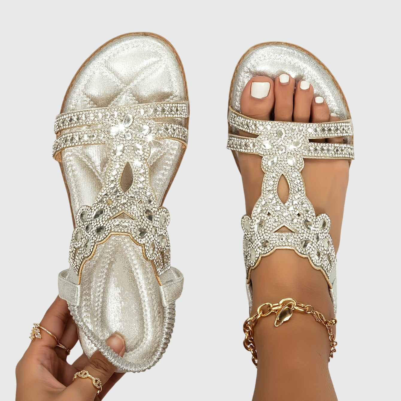 Rhinestone Embellished Boho Flat Sandal - Vacation Resort
