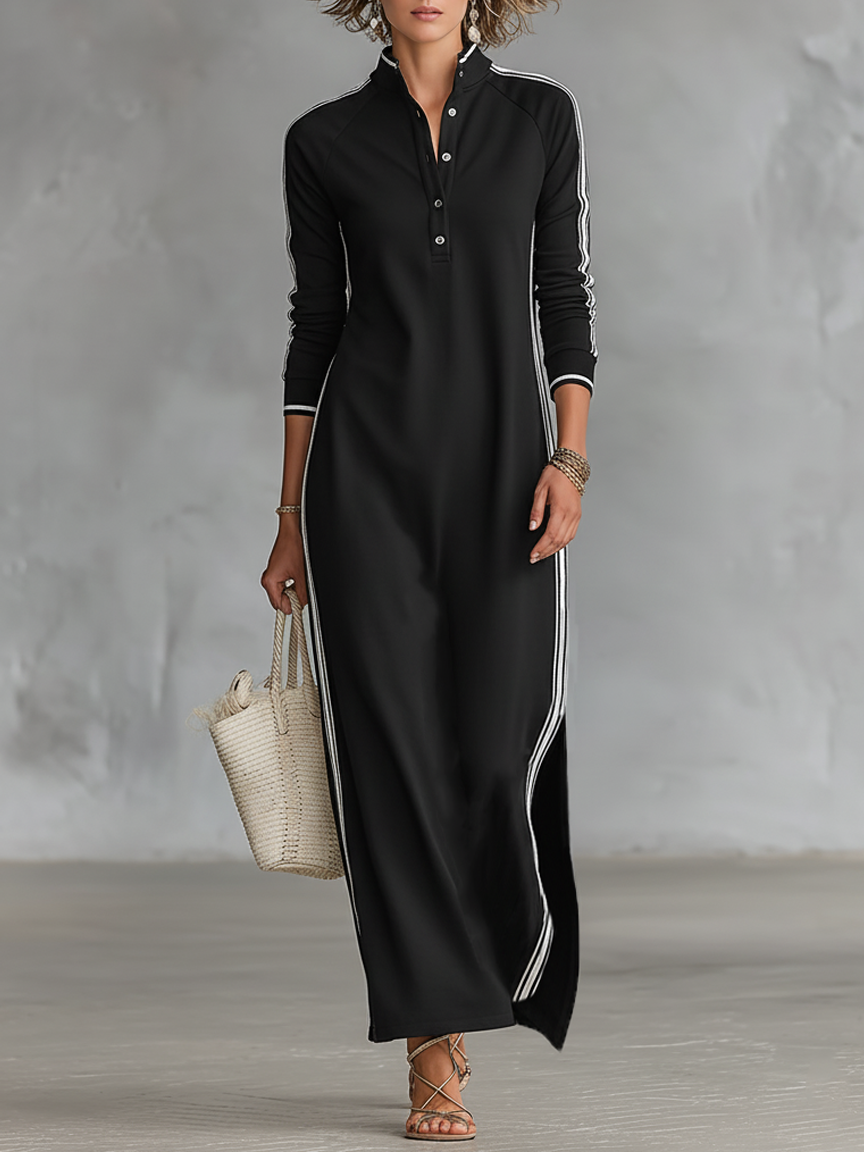 Contrast Trim Stand Collar Long Sleeve Casual Maxi Dress