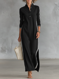 Contrast Trim Stand Collar Long Sleeve Casual Maxi Dress