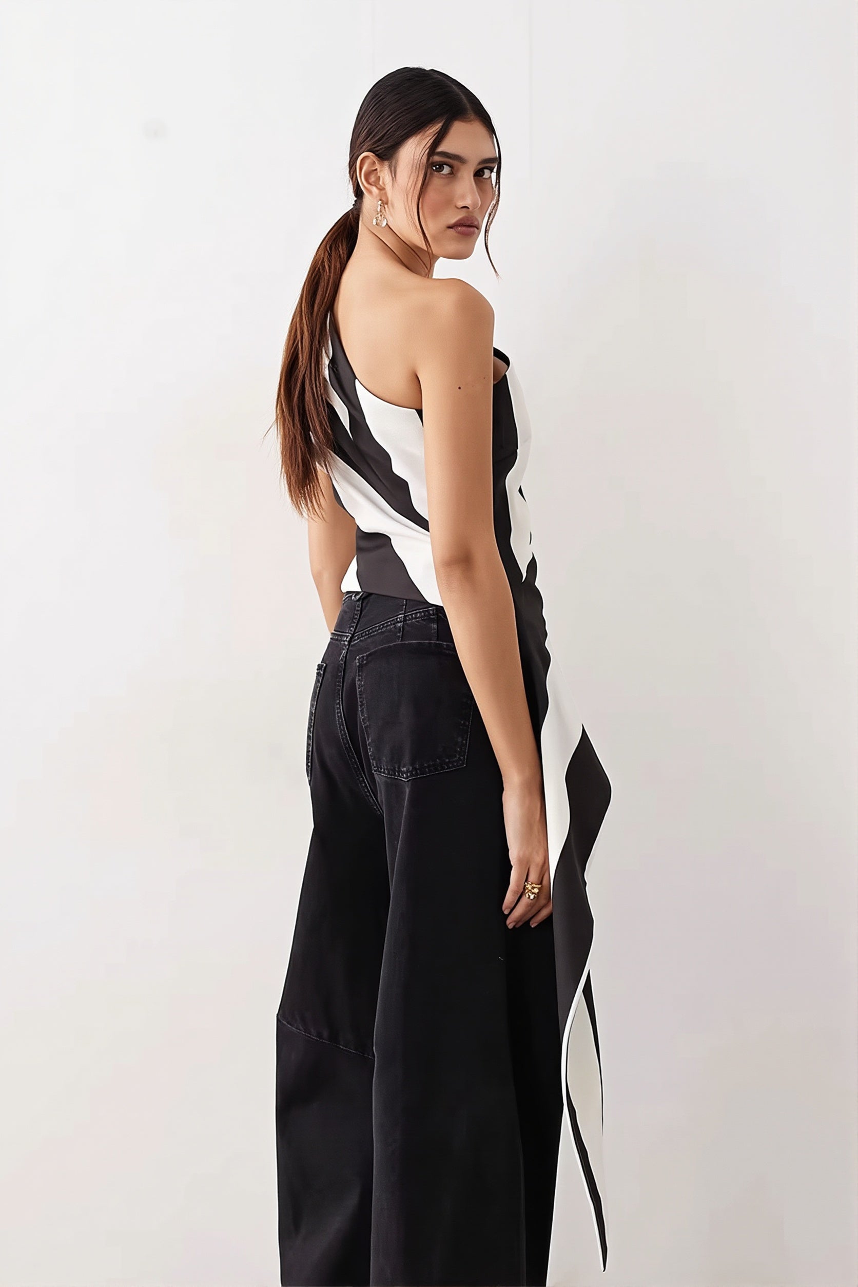 Striped Chiffon One Shoulder Tie Blouse